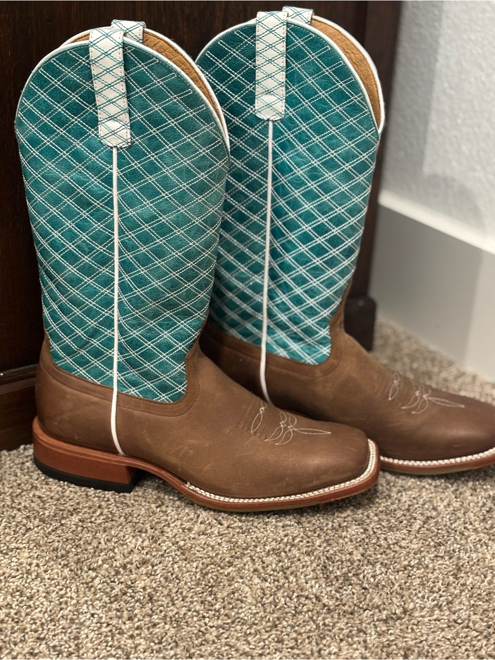 Women’s  Brown Leather Cowboy Boots with Teal Patterned Shaft